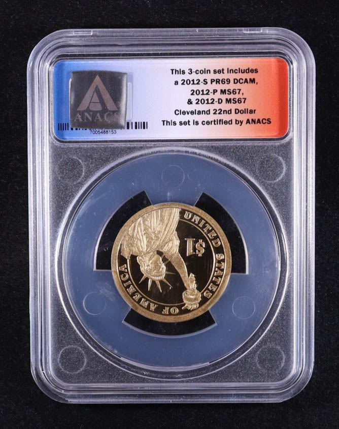 2012-S U.S. Presidential $1 - Grover Cleveland 22nd and 24th President - 3-Coin FDOI Set, Certified #854 of 9875 (ANACS PR69 DCAM) at PristineAuction.com 2012-S U.S. Presidential $1 - Grover Cleveland 22nd and 24th President - 3-Coin FDOI Set, Certified #854 of 9875 (ANACS PR69 DCAM) at PristineAuction.com