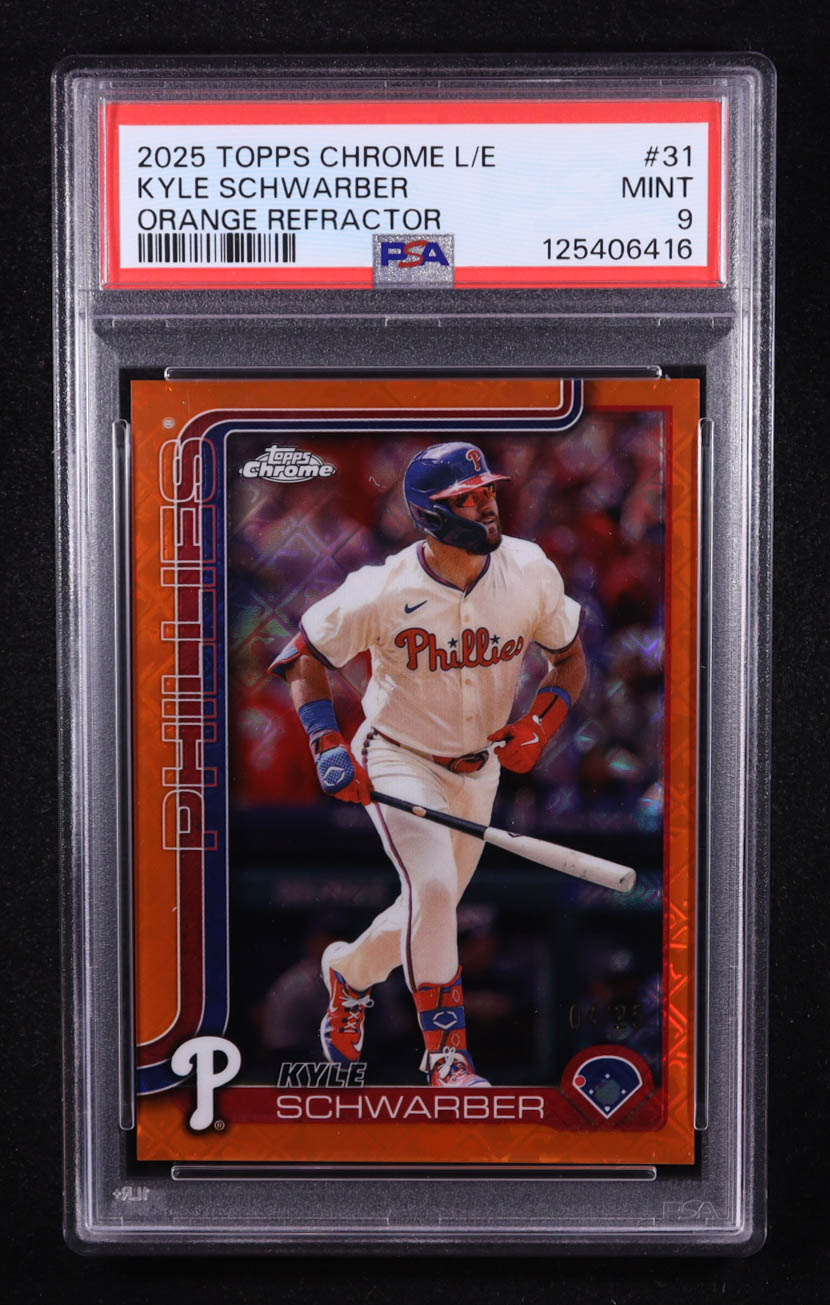 Kyle Schwarber 2025 Topps Chrome Logofractor Orange Refractors #31 #4/25 (PSA 9) at PristineAuction.com Kyle Schwarber 2025 Topps Chrome Logofractor Orange Refractors #31 #4/25 (PSA 9) at PristineAuction.com
