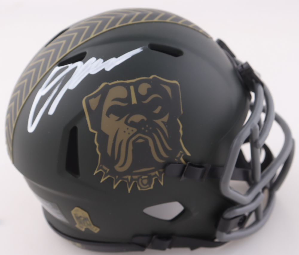 Carson Schwesinger Signed Browns Salute to Service Alternate Speed Mini Helmet (PSA) at PristineAuction.com Carson Schwesinger Signed Browns Salute to Service Alternate Speed Mini Helmet (PSA) at PristineAuction.com