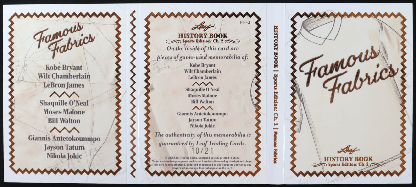 2025 Leaf History Book Famous Fabrics Bronze Foil Sports Edition Ch. 2 #FF-2 #10/21 Kobe Bryant/Wilt Chamberlain/LeBron James/Shaquille O'Neal/Moses Malone/Bill Walton/Giannis Antetokounmpo/Jayson Tatum/Nikola Jokic at PristineAuction.com 2025 Leaf History Book Famous Fabrics Bronze Foil Sports Edition Ch. 2 #FF-2 #10/21 Kobe Bryant/Wilt Chamberlain/LeBron James/Shaquille O'Neal/Moses Malone/Bill Walton/Giannis Antetokounmpo/Jayson Tatum/Nikola Jokic at PristineAuction.com