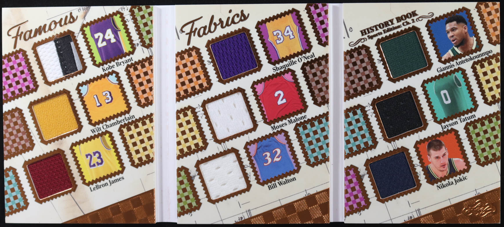 2025 Leaf History Book Famous Fabrics Bronze Foil Sports Edition Ch. 2 #FF-2 #10/21 Kobe Bryant/Wilt Chamberlain/LeBron James/Shaquille O'Neal/Moses Malone/Bill Walton/Giannis Antetokounmpo/Jayson Tatum/Nikola Jokic at PristineAuction.com 2025 Leaf History Book Famous Fabrics Bronze Foil Sports Edition Ch. 2 #FF-2 #10/21 Kobe Bryant/Wilt Chamberlain/LeBron James/Shaquille O'Neal/Moses Malone/Bill Walton/Giannis Antetokounmpo/Jayson Tatum/Nikola Jokic at PristineAuction.com