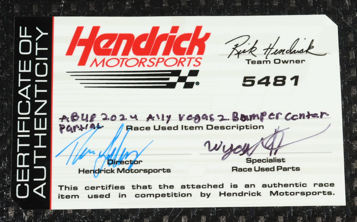 Alex Bowman Race-Used 2024 Las Vegas Motor Speedway 2 #48 Ally Center Bumper Car Piece (Hendrick Motorsports) at PristineAuction.com Alex Bowman Race-Used 2024 Las Vegas Motor Speedway 2 #48 Ally Center Bumper Car Piece (Hendrick Motorsports) at PristineAuction.com