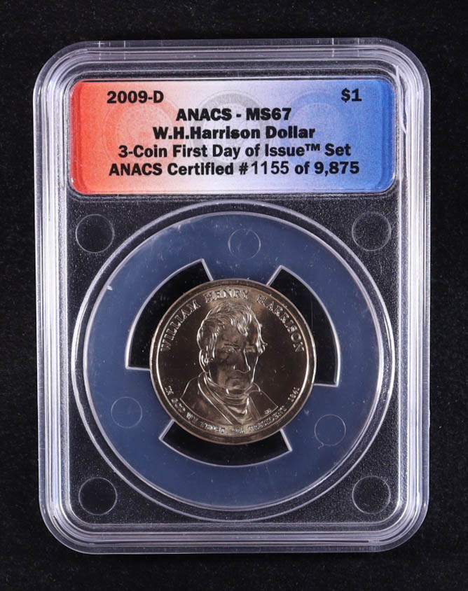 2009-D U.S. Presidential $1 - William Henry Harrison 9th President - 3-Coin FDOI Set, Certified #1155 of 9875 (ANACS MS67) at PristineAuction.com 2009-D U.S. Presidential $1 - William Henry Harrison 9th President - 3-Coin FDOI Set, Certified #1155 of 9875 (ANACS MS67) at PristineAuction.com