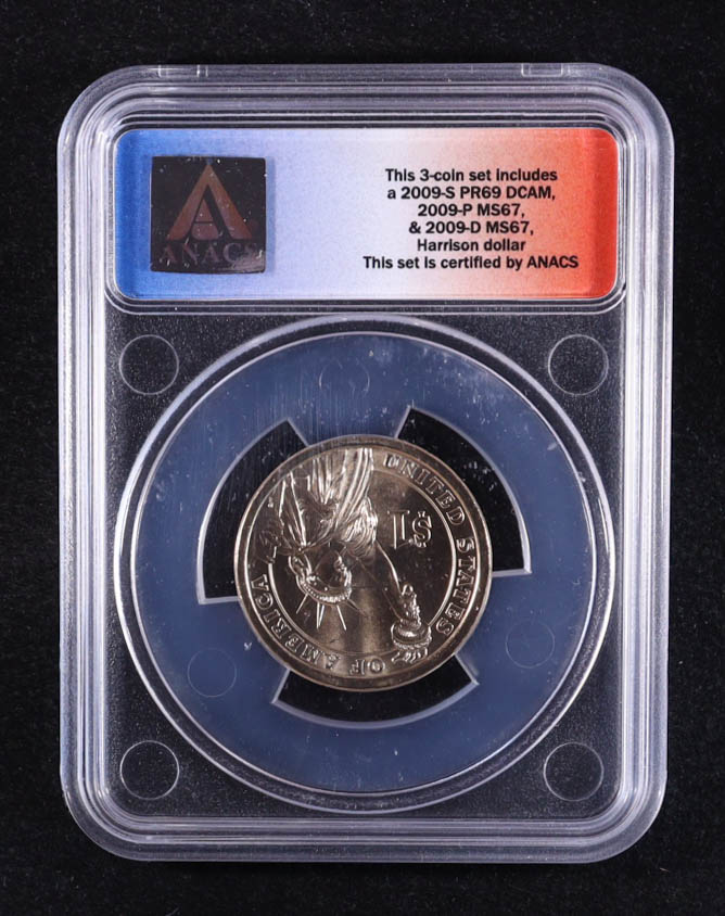 2009-D U.S. Presidential $1 - William Henry Harrison 9th President - 3-Coin FDOI Set, Certified #1155 of 9875 (ANACS MS67) at PristineAuction.com 2009-D U.S. Presidential $1 - William Henry Harrison 9th President - 3-Coin FDOI Set, Certified #1155 of 9875 (ANACS MS67) at PristineAuction.com
