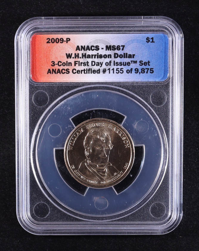2009-P U.S. Presidential $1 - William Henry Harrison 9th President - 3-Coin FDOI Set, Certified #1155 of 9875 (ANACS MS67) at PristineAuction.com 2009-P U.S. Presidential $1 - William Henry Harrison 9th President - 3-Coin FDOI Set, Certified #1155 of 9875 (ANACS MS67) at PristineAuction.com