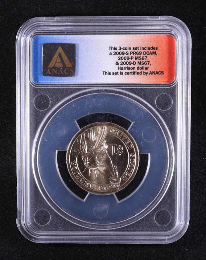 2009-P U.S. Presidential $1 - William Henry Harrison 9th President - 3-Coin FDOI Set, Certified #1155 of 9875 (ANACS MS67) at PristineAuction.com 2009-P U.S. Presidential $1 - William Henry Harrison 9th President - 3-Coin FDOI Set, Certified #1155 of 9875 (ANACS MS67) at PristineAuction.com