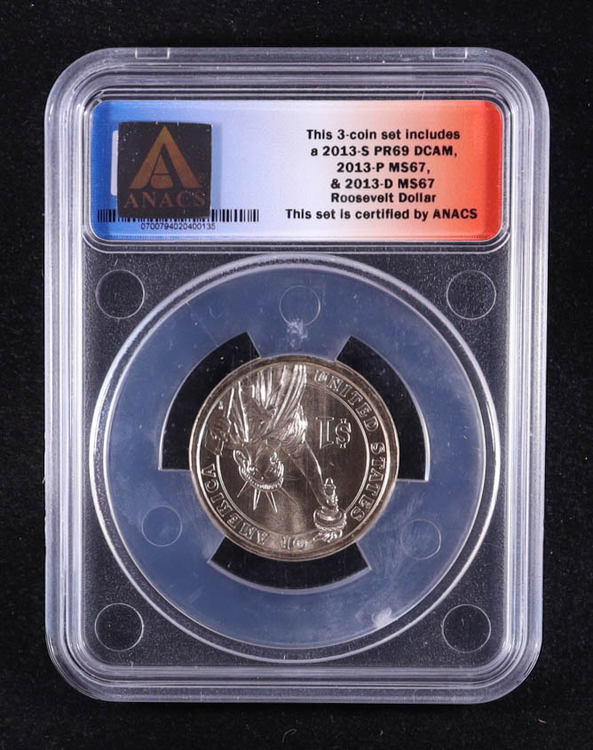 2013-P U.S. Presidential $1 - Theodore Roosevelt 26th President - 3-Coin FDOI Set, Certified #135 of 9875 (ANACS MS67) at PristineAuction.com 2013-P U.S. Presidential $1 - Theodore Roosevelt 26th President - 3-Coin FDOI Set, Certified #135 of 9875 (ANACS MS67) at PristineAuction.com