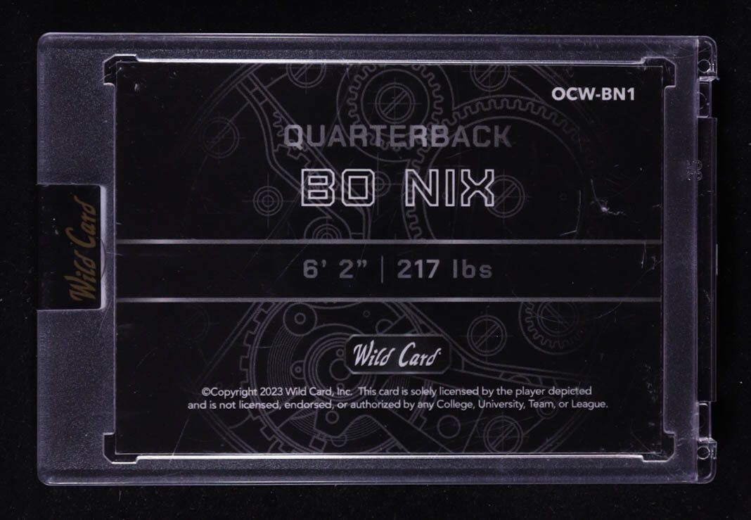 Bo Nix 2023 Wild Card QB1 On the Clock Green and Orange Cross Hatch #BN1 RC #01/25 at PristineAuction.com Bo Nix 2023 Wild Card QB1 On the Clock Green and Orange Cross Hatch #BN1 RC #01/25 at PristineAuction.com
