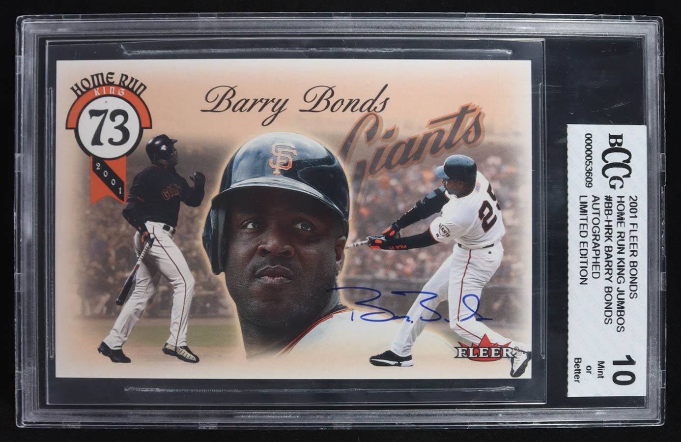 Barry Bonds 2001 Fleer Bonds Home Run King Jumbos Auto #BB-HRK #47/500 (BCCG 10) at PristineAuction.com Barry Bonds 2001 Fleer Bonds Home Run King Jumbos Auto #BB-HRK #47/500 (BCCG 10) at PristineAuction.com