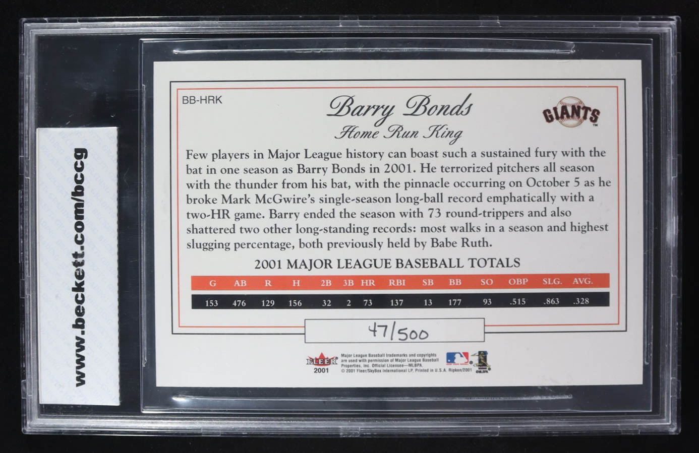 Barry Bonds 2001 Fleer Bonds Home Run King Jumbos Auto #BB-HRK #47/500 (BCCG 10) at PristineAuction.com Barry Bonds 2001 Fleer Bonds Home Run King Jumbos Auto #BB-HRK #47/500 (BCCG 10) at PristineAuction.com