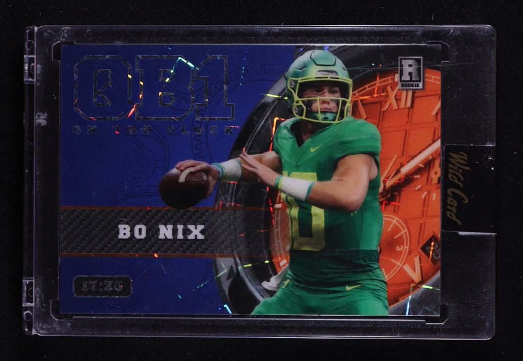 Bo Nix 2023 Wild Card QB1 On the Clock Blue and Orange Lazer #BN1 RC #17/50 at PristineAuction.com Bo Nix 2023 Wild Card QB1 On the Clock Blue and Orange Lazer #BN1 RC #17/50 at PristineAuction.com