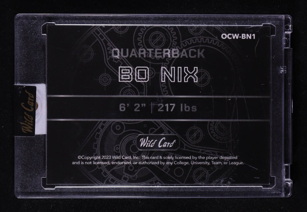 Bo Nix 2023 Wild Card QB1 On the Clock Blue and Orange Lazer #BN1 RC #17/50 at PristineAuction.com Bo Nix 2023 Wild Card QB1 On the Clock Blue and Orange Lazer #BN1 RC #17/50 at PristineAuction.com