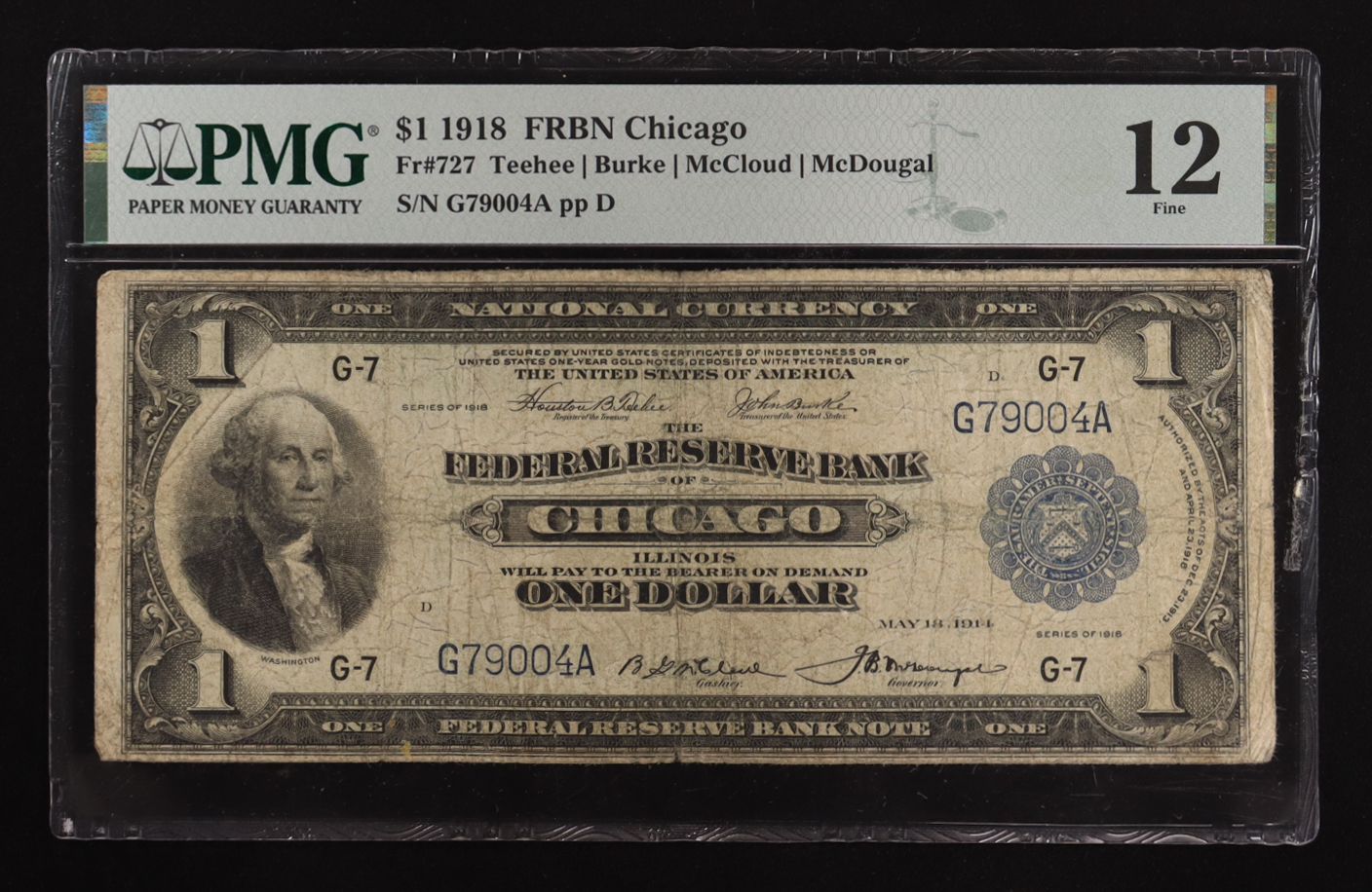 1918 United States Federal Reserve Bank Note of Chicago $1 One Dollar Blue Seal National Bank Note (PMG F 12) at PristineAuction.com 1918 United States Federal Reserve Bank Note of Chicago $1 One Dollar Blue Seal National Bank Note (PMG F 12) at PristineAuction.com