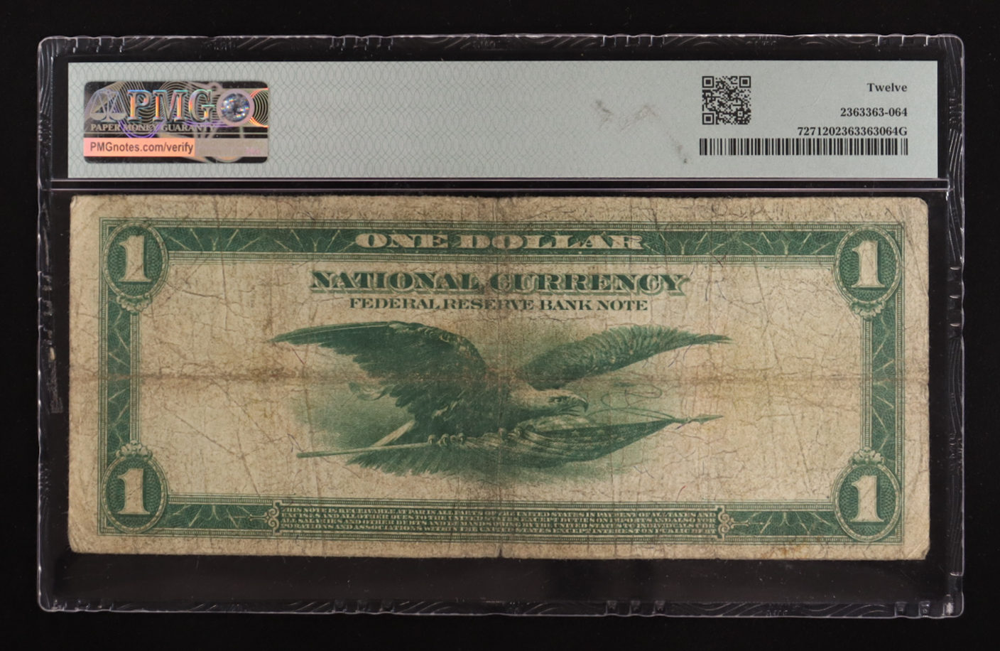 1918 United States Federal Reserve Bank Note of Chicago $1 One Dollar Blue Seal National Bank Note (PMG F 12) at PristineAuction.com 1918 United States Federal Reserve Bank Note of Chicago $1 One Dollar Blue Seal National Bank Note (PMG F 12) at PristineAuction.com