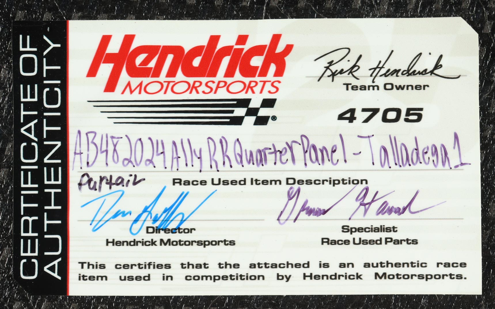 Alex Bowman Race-Used 2024 Talladega Superspeedway #48 Ally Right Rear Quarter Panel Car Piece (Hendrick Motorsports) at PristineAuction.com Alex Bowman Race-Used 2024 Talladega Superspeedway #48 Ally Right Rear Quarter Panel Car Piece (Hendrick Motorsports) at PristineAuction.com