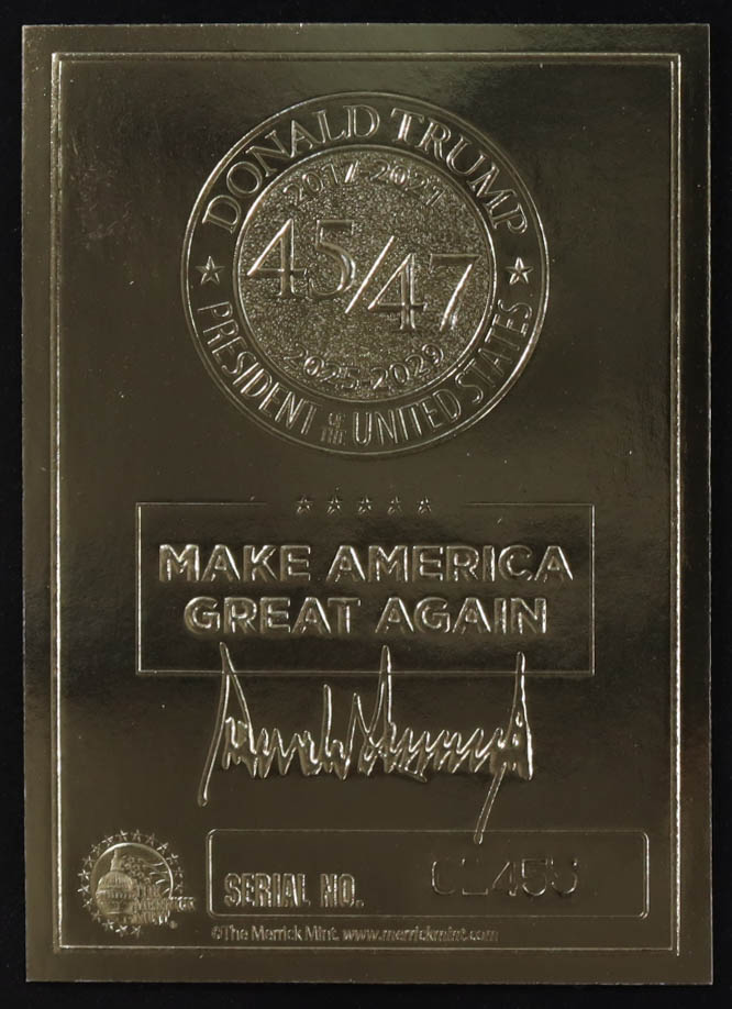 Donald Trump 2024 Merrick Mint 23kt Gold Trading Card #/1,455 at PristineAuction.com Donald Trump 2024 Merrick Mint 23kt Gold Trading Card #/1,455 at PristineAuction.com
