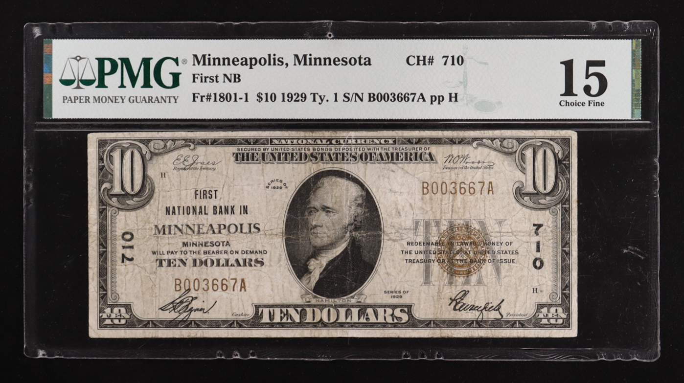 1929 United States First National Bank of Minneapolis $10 Ten Dollar Brown Seal National Bank Note (PMG CF 15) at PristineAuction.com 1929 United States First National Bank of Minneapolis $10 Ten Dollar Brown Seal National Bank Note (PMG CF 15) at PristineAuction.com