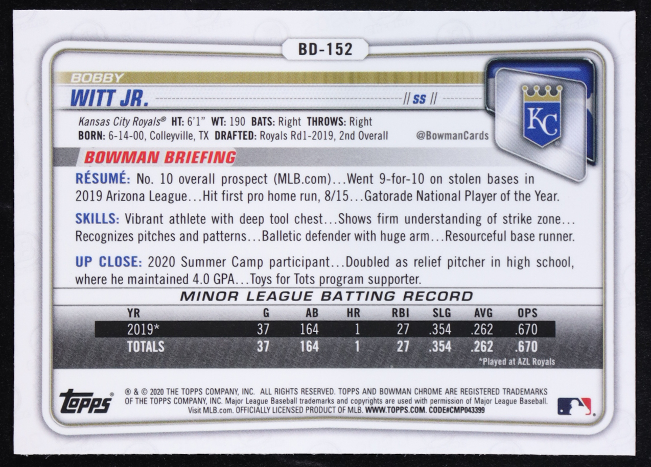 Bobby Witt Jr. 2020 Bowman Chrome Draft Sapphire #BD152 at PristineAuction.com Bobby Witt Jr. 2020 Bowman Chrome Draft Sapphire #BD152 at PristineAuction.com
