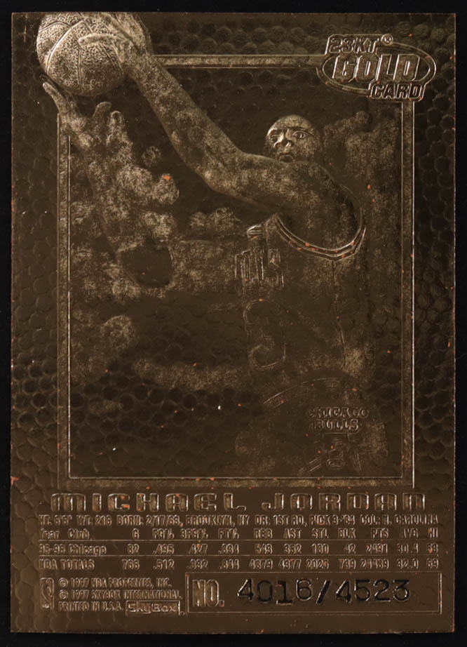 Michael Jordan 1996-97 SkyBox EX-2000 Feel The Game 6 Time Champion 23Kt Gold Card #4016/4523 at PristineAuction.com Michael Jordan 1996-97 SkyBox EX-2000 Feel The Game 6 Time Champion 23Kt Gold Card #4016/4523 at PristineAuction.com
