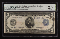 1914 United States Federal Reserve Note of New York $5 Five Dollar Blue Seal National Bank Note (PMG VF 25) at PristineAuction.com