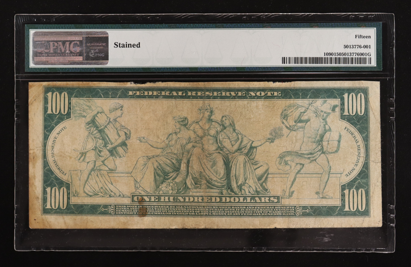 1914 United States Federal Reserve Note of New York $100 One Hundred Dollar Blue Seal National Bank Note (PMG CF 15) at PristineAuction.com 1914 United States Federal Reserve Note of New York $100 One Hundred Dollar Blue Seal National Bank Note (PMG CF 15) at PristineAuction.com