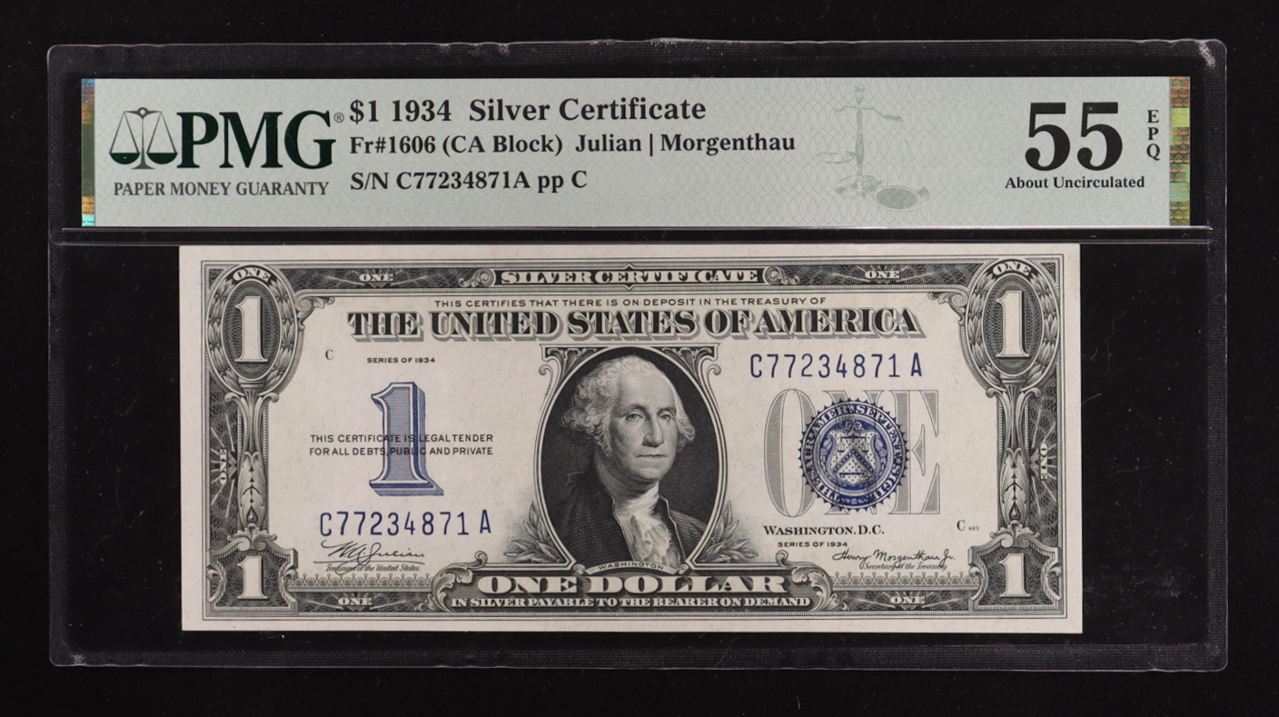 1934 United States Silver Certificate $1 One Dollar Blue Seal National Bank Note (PMG AC 55) at PristineAuction.com 1934 United States Silver Certificate $1 One Dollar Blue Seal National Bank Note (PMG AC 55) at PristineAuction.com