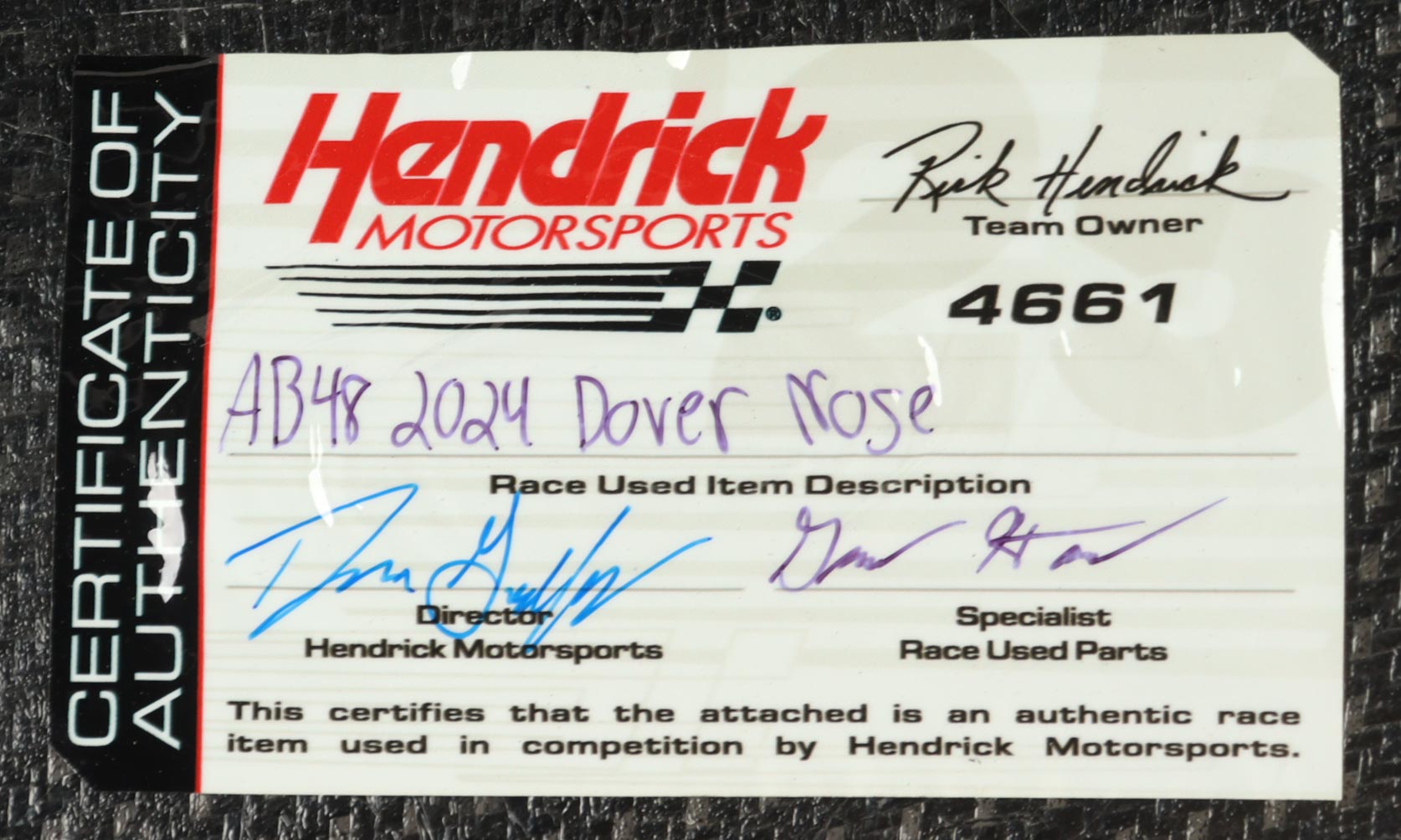 Alex Bowman Race-Used 2024 Dover Motor Speedway #48 Ally Partial Right Nose Car Piece (Hendrick Motorsports) at PristineAuction.com Alex Bowman Race-Used 2024 Dover Motor Speedway #48 Ally Partial Right Nose Car Piece (Hendrick Motorsports) at PristineAuction.com