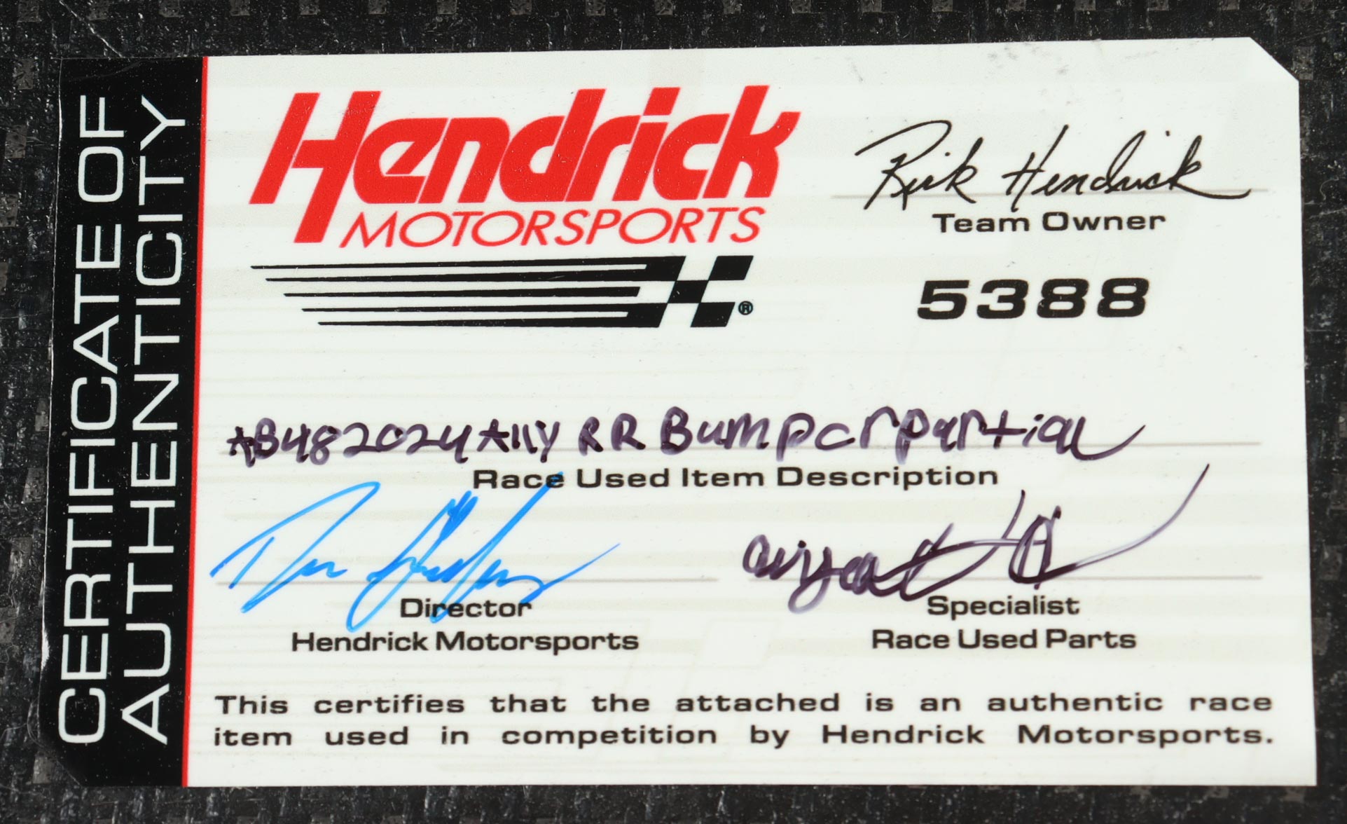 Alex Bowman Race-Used 2024 NASCAR Cup Series #48 Ally Partial Right Rear Bumper Car Piece (Hendrick Motorsports) at PristineAuction.com Alex Bowman Race-Used 2024 NASCAR Cup Series #48 Ally Partial Right Rear Bumper Car Piece (Hendrick Motorsports) at PristineAuction.com