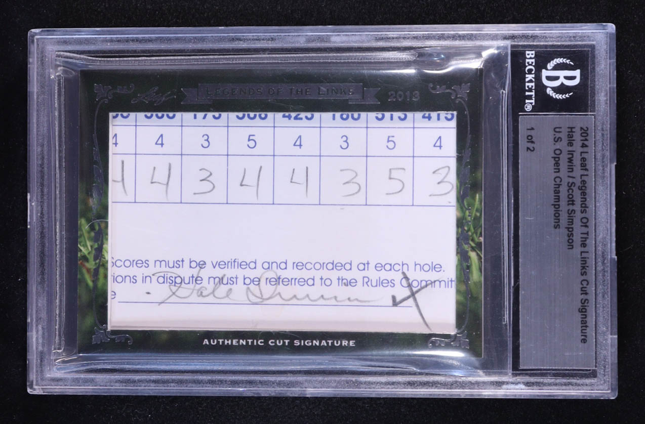 Hale Irwin / Scott Simpson 2014 Leaf Legends Of The Links Cut Signature #NNO #1/2 (BGS) at PristineAuction.com Hale Irwin / Scott Simpson 2014 Leaf Legends Of The Links Cut Signature #NNO #1/2 (BGS) at PristineAuction.com