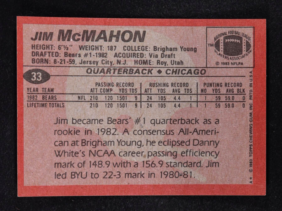 Jim McMahon 1983 Topps #33 RC at PristineAuction.com Jim McMahon 1983 Topps #33 RC at PristineAuction.com