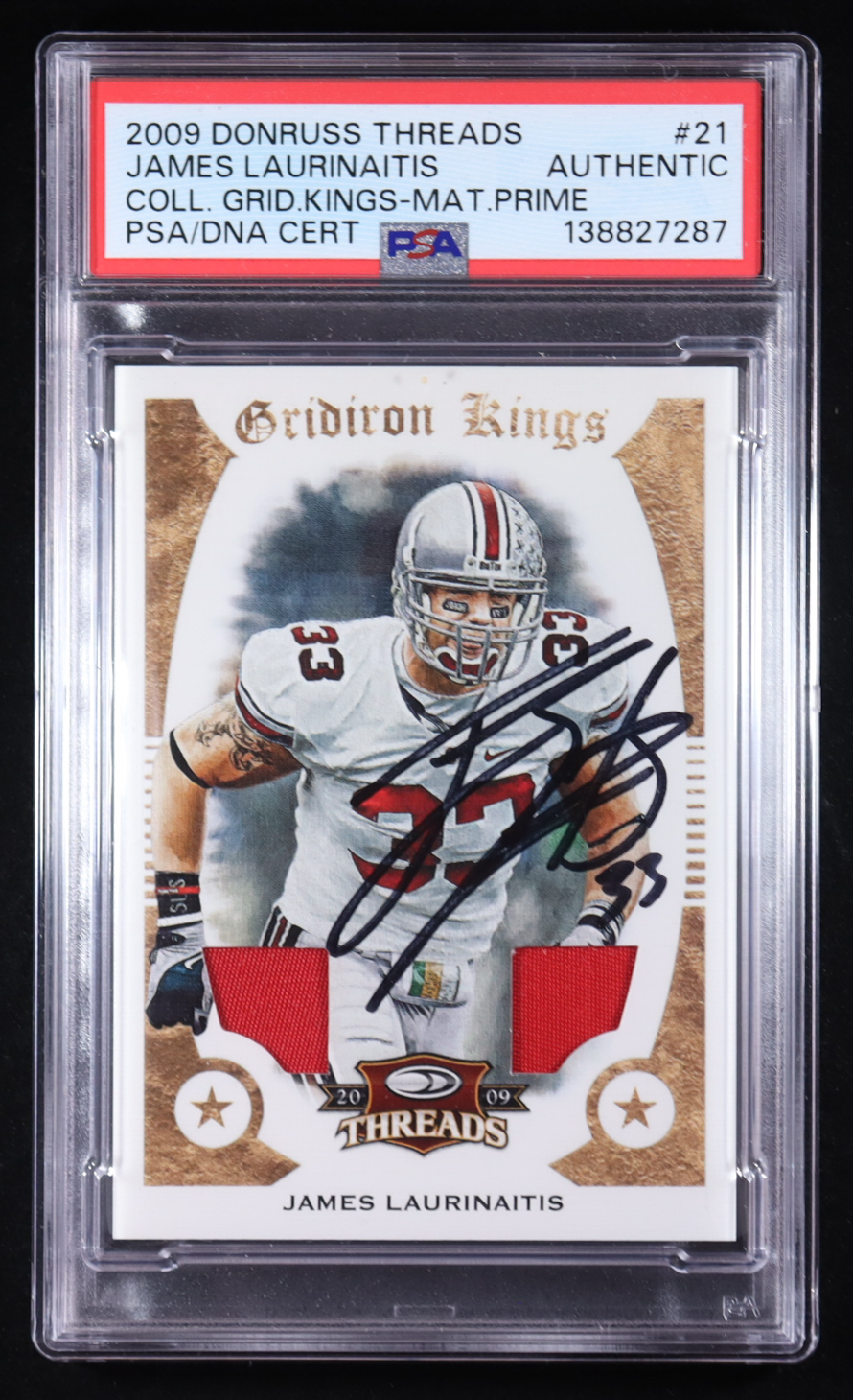 James Laurinaitis Signed 2009 Donruss Threads College Gridiron Kings Materials Prime #21 #12/50 RC (PSA) at PristineAuction.com James Laurinaitis Signed 2009 Donruss Threads College Gridiron Kings Materials Prime #21 #12/50 RC (PSA) at PristineAuction.com