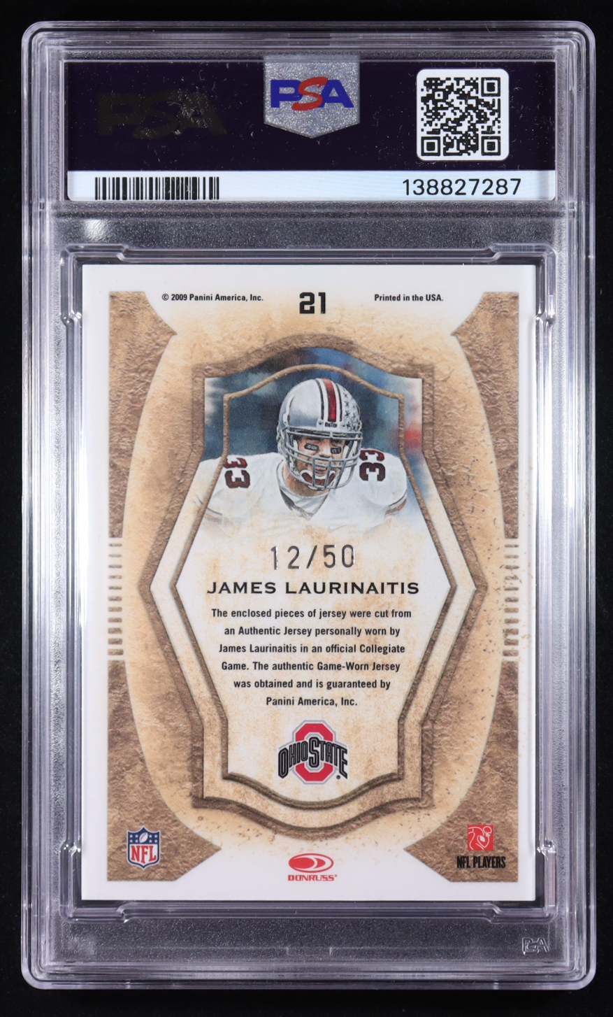 James Laurinaitis Signed 2009 Donruss Threads College Gridiron Kings Materials Prime #21 #12/50 RC (PSA) at PristineAuction.com James Laurinaitis Signed 2009 Donruss Threads College Gridiron Kings Materials Prime #21 #12/50 RC (PSA) at PristineAuction.com