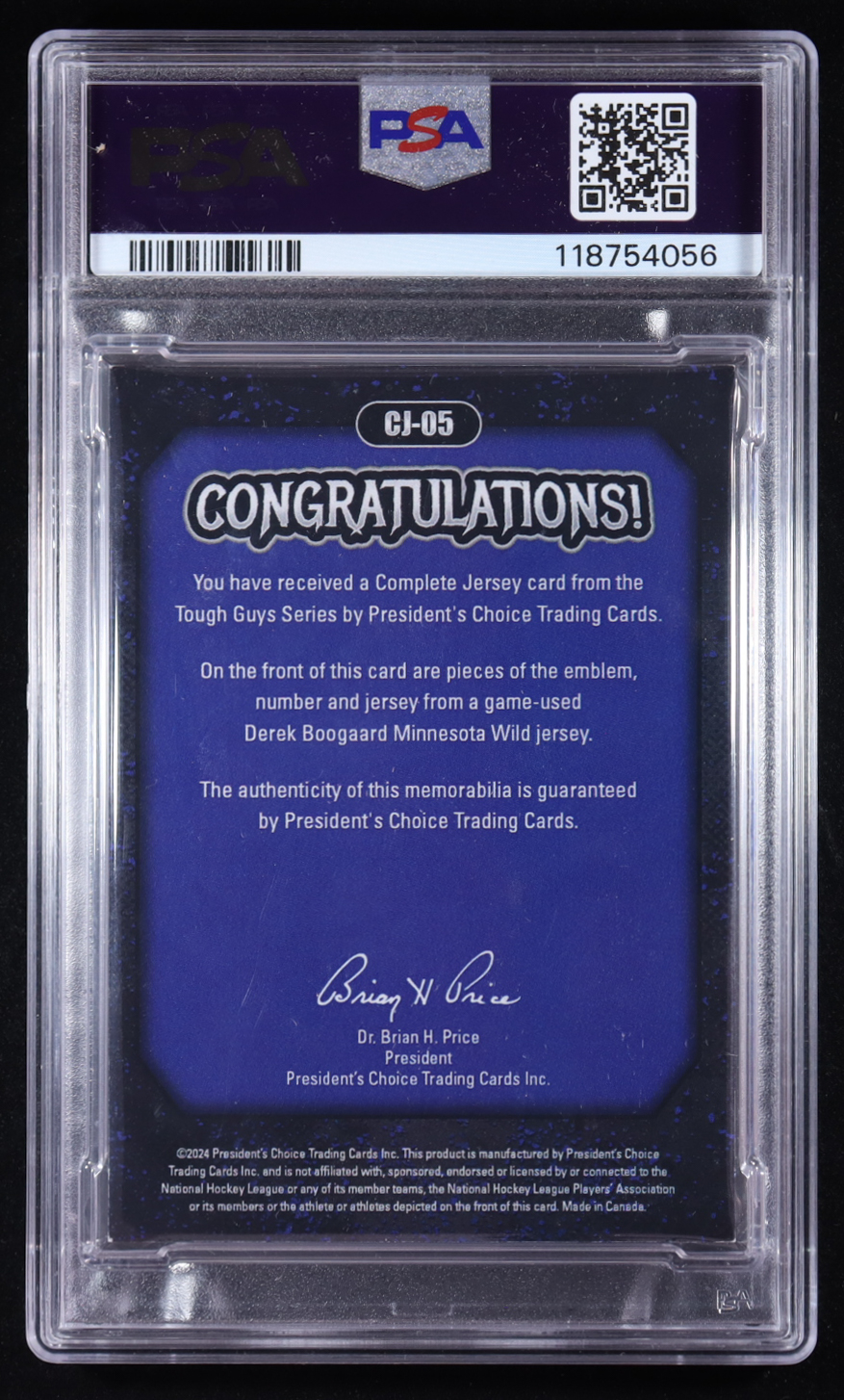 Derek Boogaard 2024 President's Choice Tough Guys Complete Jersey #CJ05 (PSA 6) at PristineAuction.com Derek Boogaard 2024 President's Choice Tough Guys Complete Jersey #CJ05 (PSA 6) at PristineAuction.com