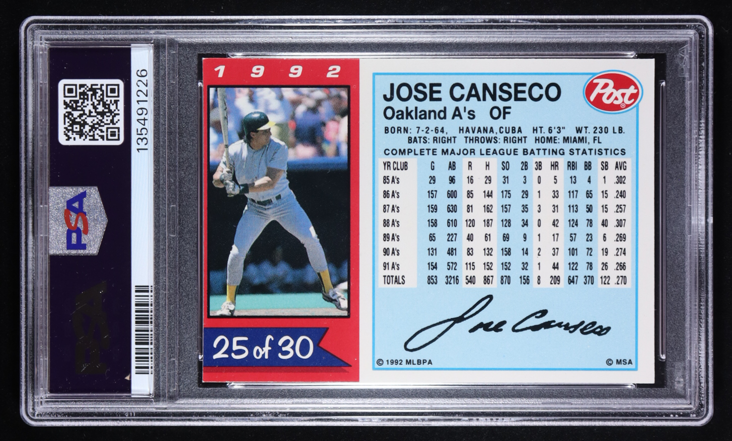 Jose Canseco Signed 1992 Post #25 (PSA) at PristineAuction.com Jose Canseco Signed 1992 Post #25 (PSA) at PristineAuction.com