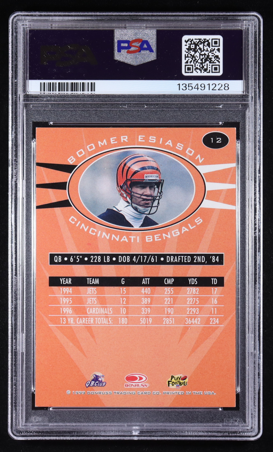 Boomer Esiason Signed 1999 Donruss Preferred QBC #12 (PSA) at PristineAuction.com Boomer Esiason Signed 1999 Donruss Preferred QBC #12 (PSA) at PristineAuction.com