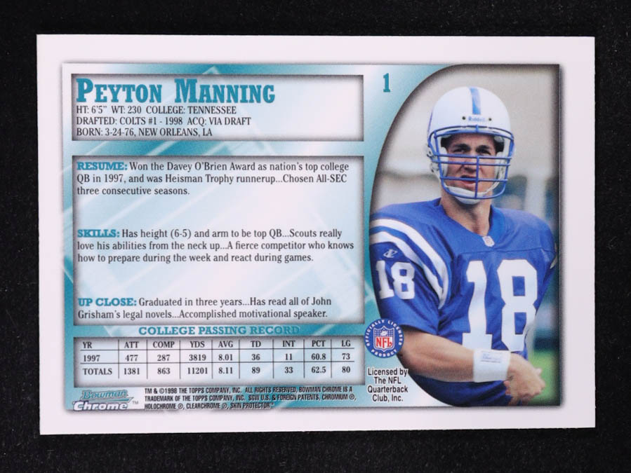 Peyton Manning 1998 Bowman Chrome #1 RC at PristineAuction.com Peyton Manning 1998 Bowman Chrome #1 RC at PristineAuction.com