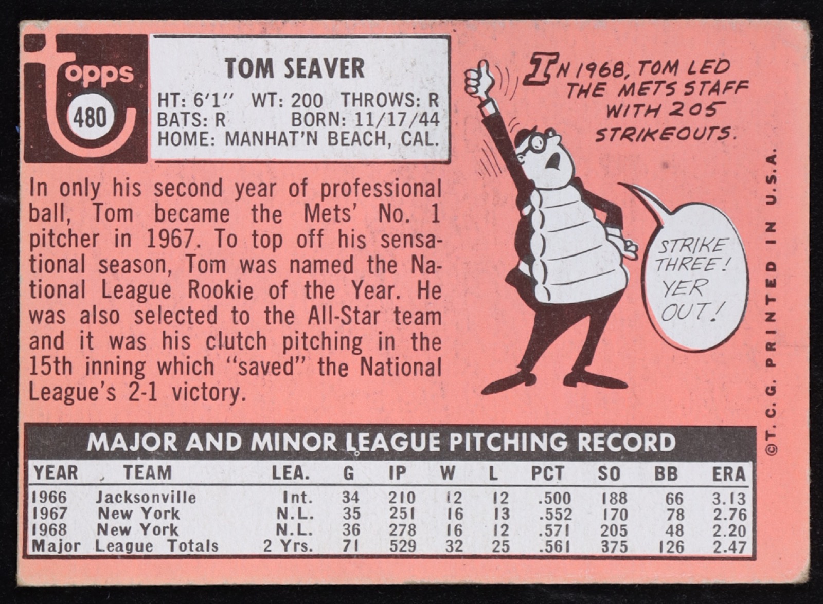 Tom Seaver 1969 Topps #480 at PristineAuction.com Tom Seaver 1969 Topps #480 at PristineAuction.com