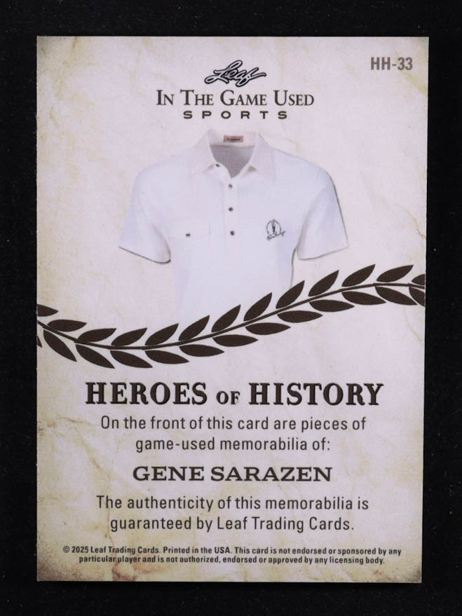 Gene Sarazen 2025 Leaf ITG Used Sports Heroes Of History Triple Relic Black Foil #HH33 #1/3 at PristineAuction.com Gene Sarazen 2025 Leaf ITG Used Sports Heroes Of History Triple Relic Black Foil #HH33 #1/3 at PristineAuction.com