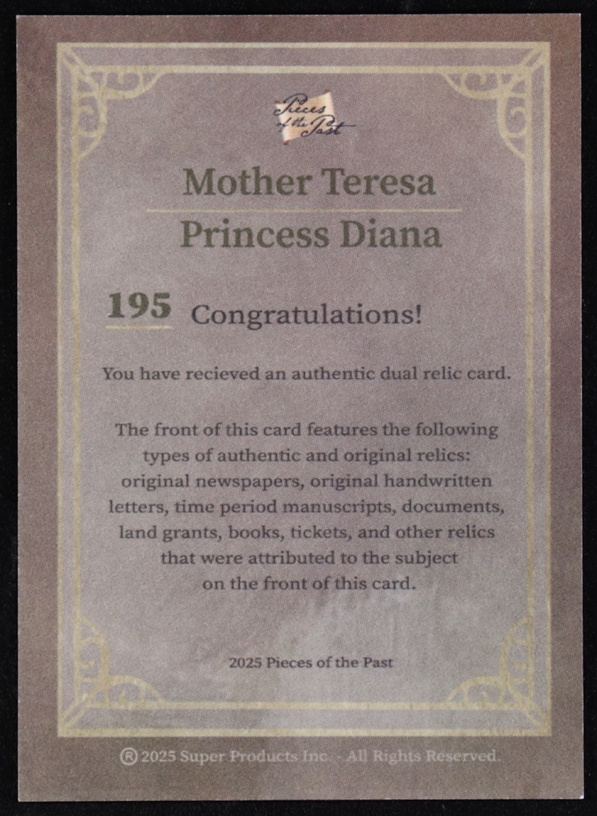 Mother Teresa / Princess Diana 2025 Pieces of the Past Dual Relic #195 at PristineAuction.com Mother Teresa / Princess Diana 2025 Pieces of the Past Dual Relic #195 at PristineAuction.com
