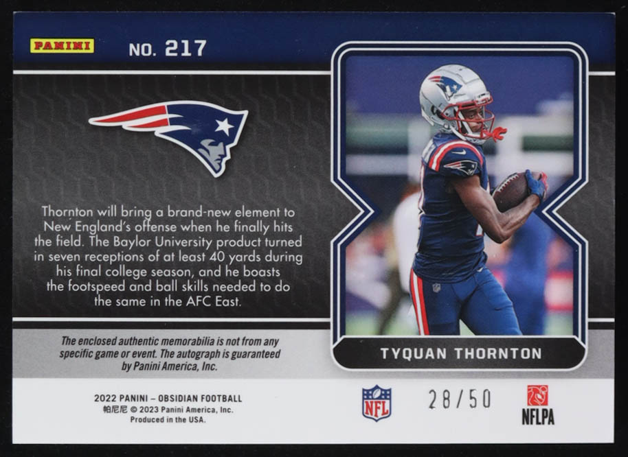 Tyquan Thornton 2022 Panini Obsidian Patch Autograph Electric Etch Green #217 #28/50 RC at PristineAuction.com Tyquan Thornton 2022 Panini Obsidian Patch Autograph Electric Etch Green #217 #28/50 RC at PristineAuction.com