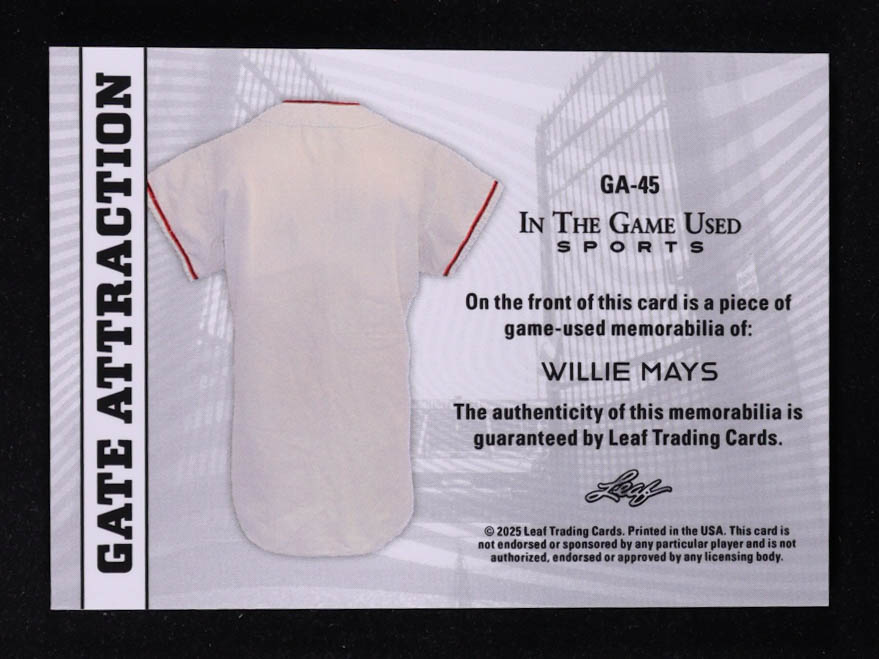 Willie Mays 2025 Leaf ITG Used Sports Gate Attraction Dual Relic Blue Foil #GA45 #24/25 at PristineAuction.com Willie Mays 2025 Leaf ITG Used Sports Gate Attraction Dual Relic Blue Foil #GA45 #24/25 at PristineAuction.com