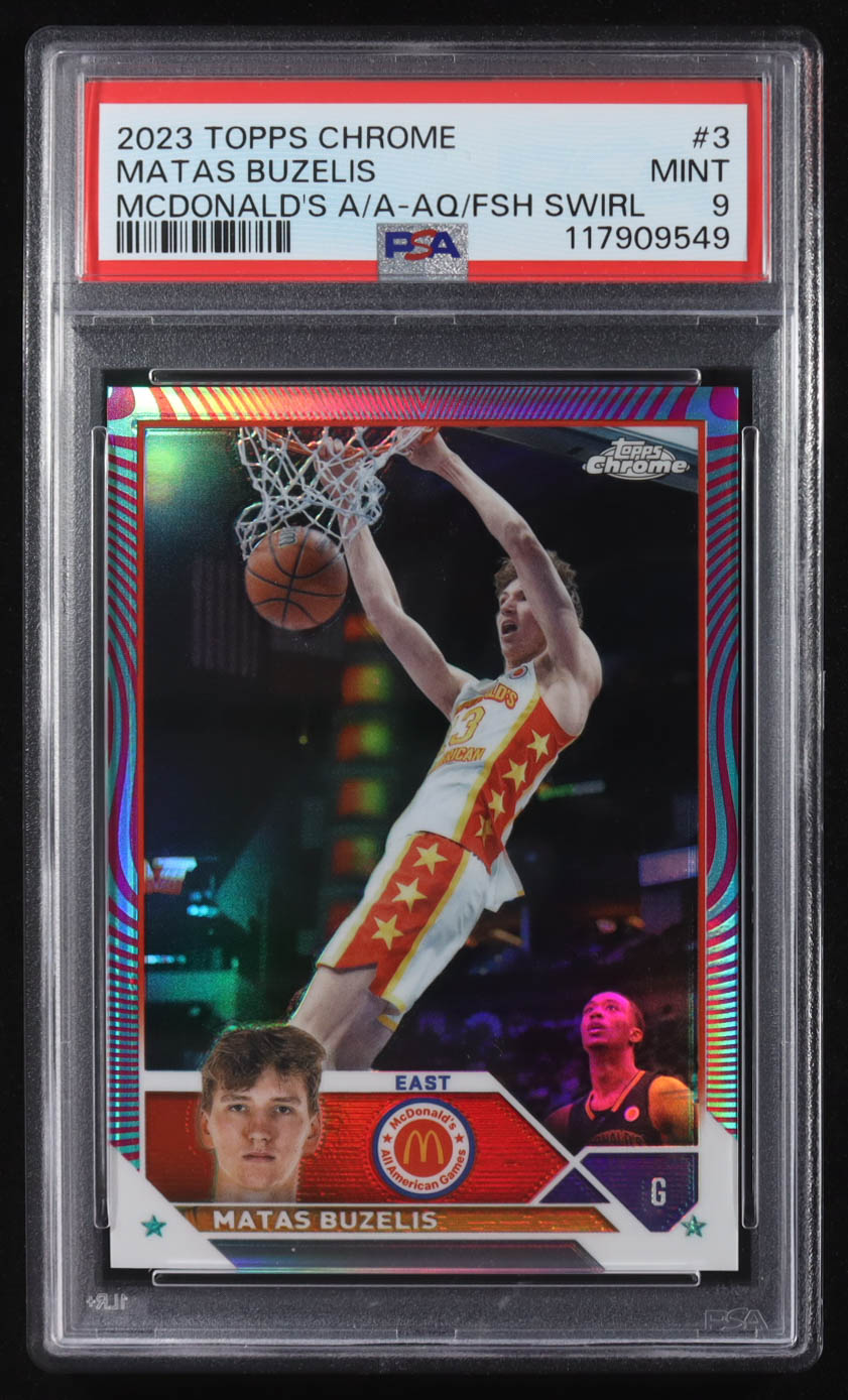 Matas Buzelis 2023 Topps Chrome McDonald's All American Aqua Fuchsia Swirl Refractors #3 #021/175 (PSA 9) at PristineAuction.com Matas Buzelis 2023 Topps Chrome McDonald's All American Aqua Fuchsia Swirl Refractors #3 #021/175 (PSA 9) at PristineAuction.com