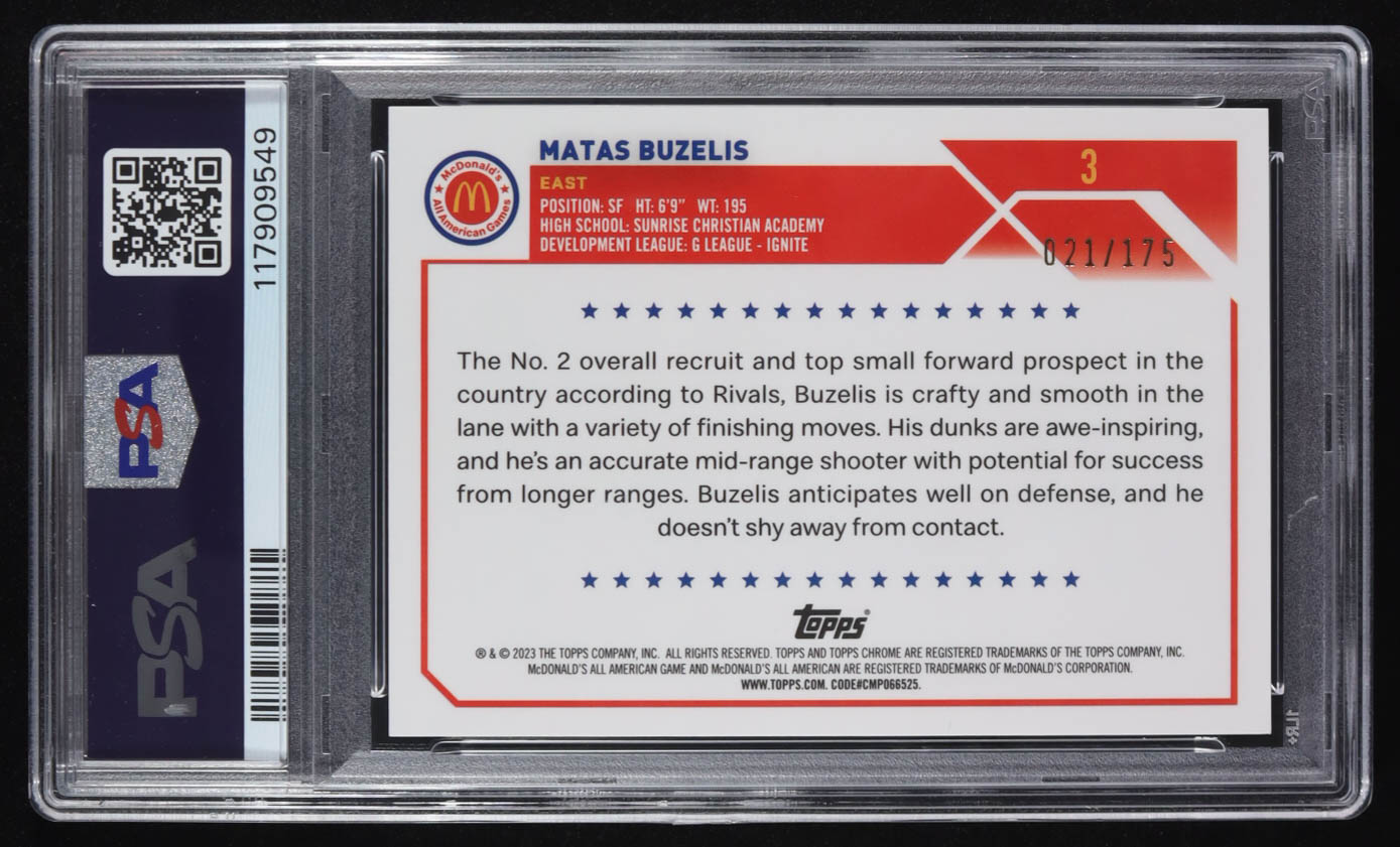 Matas Buzelis 2023 Topps Chrome McDonald's All American Aqua Fuchsia Swirl Refractors #3 #021/175 (PSA 9) at PristineAuction.com Matas Buzelis 2023 Topps Chrome McDonald's All American Aqua Fuchsia Swirl Refractors #3 #021/175 (PSA 9) at PristineAuction.com
