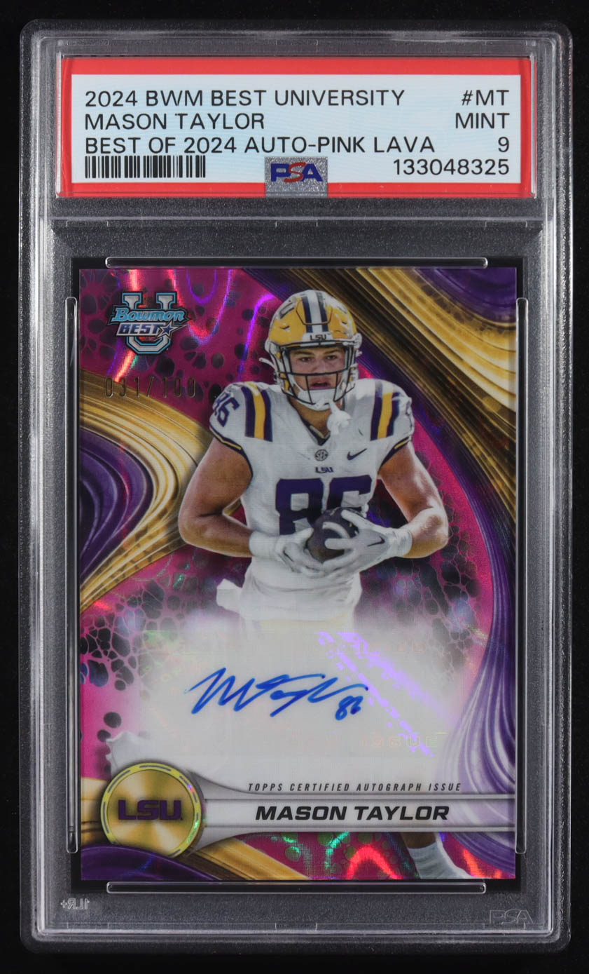 Mason Taylor 2024 Bowman's Best University Best of '24 Autographs Pink Lava Refractors #BOAMT #031/100 (PSA 9) at PristineAuction.com Mason Taylor 2024 Bowman's Best University Best of '24 Autographs Pink Lava Refractors #BOAMT #031/100 (PSA 9) at PristineAuction.com