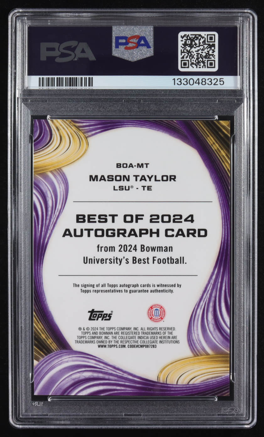 Mason Taylor 2024 Bowman's Best University Best of '24 Autographs Pink Lava Refractors #BOAMT #031/100 (PSA 9) at PristineAuction.com Mason Taylor 2024 Bowman's Best University Best of '24 Autographs Pink Lava Refractors #BOAMT #031/100 (PSA 9) at PristineAuction.com