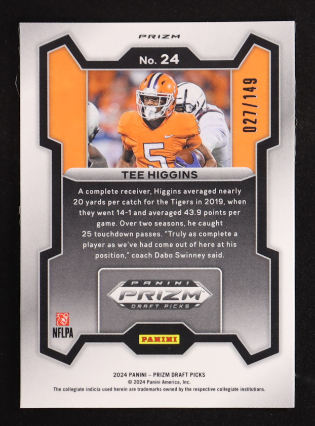 Tee Higgins 2024 Panini Prizm Draft Picks Purple Ice #24 #027/149 at PristineAuction.com Tee Higgins 2024 Panini Prizm Draft Picks Purple Ice #24 #027/149 at PristineAuction.com