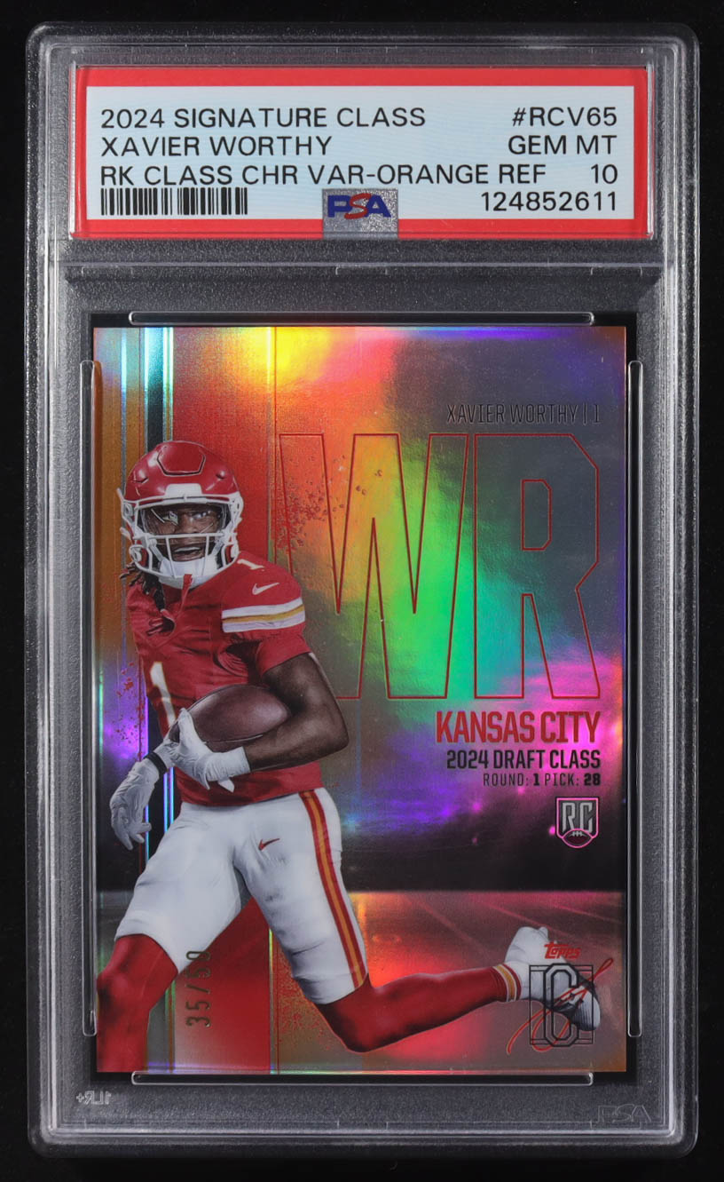 Xavier Worthy 2024 Topps Signature Class Chrome Rookie Variations Orange Refractors #RCV65 #35/50 RC (PSA 10) at PristineAuction.com Xavier Worthy 2024 Topps Signature Class Chrome Rookie Variations Orange Refractors #RCV65 #35/50 RC (PSA 10) at PristineAuction.com