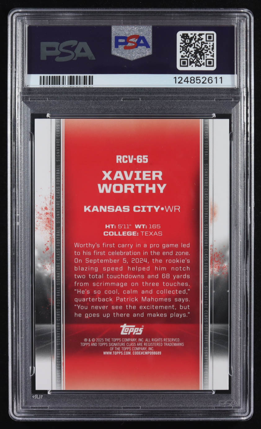 Xavier Worthy 2024 Topps Signature Class Chrome Rookie Variations Orange Refractors #RCV65 #35/50 RC (PSA 10) at PristineAuction.com Xavier Worthy 2024 Topps Signature Class Chrome Rookie Variations Orange Refractors #RCV65 #35/50 RC (PSA 10) at PristineAuction.com