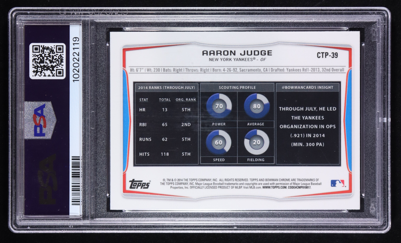 Aaron Judge 2014 Bowman Draft Picks Top Prospects Chrome #CTP-39 RC (PSA 9) at PristineAuction.com Aaron Judge 2014 Bowman Draft Picks Top Prospects Chrome #CTP-39 RC (PSA 9) at PristineAuction.com