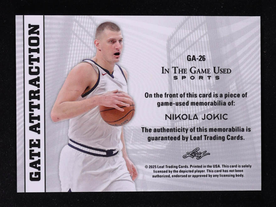 Nikola Jokic 2025 Leaf ITG Used Sports Gate Attraction Dual Relic Blue Foil #GA26 #27/55 at PristineAuction.com Nikola Jokic 2025 Leaf ITG Used Sports Gate Attraction Dual Relic Blue Foil #GA26 #27/55 at PristineAuction.com
